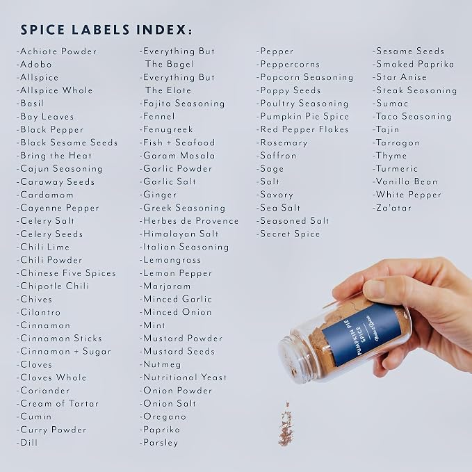 Spice Jar Labels – 89 Preprinted Waterproof Stickers, Minimalist Kitchen Seasoning Labels for Pantry Organization (White, Black, Navy)