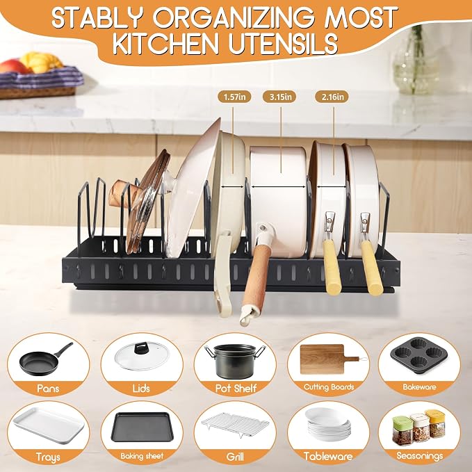XIAPIA 2 Pack Pull Out Pots and Pans Organizer Under Kitchen Cabinet | Pot Lid Organizer, Slide Out Cookware Storage Rack with 8 Adjustable Dividers, Pull Out Shelves for Dishware Seasoning, Black