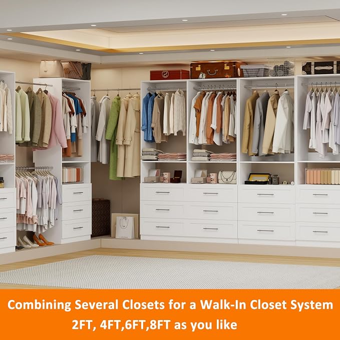 Closet System with 9 Drawers, Modular Closet Organizer System with 6 Hanging Rod, Custom Closet Storage System for Small Walk-in Closet, 3 Sets,White (6FT)