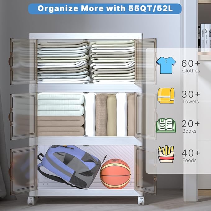 Stackable Storage Bins with Lids, Collapsible Storage Boxes, Foldable Plastic Storage Drawers for Bedroom,Office, Dorm (8, White, M)