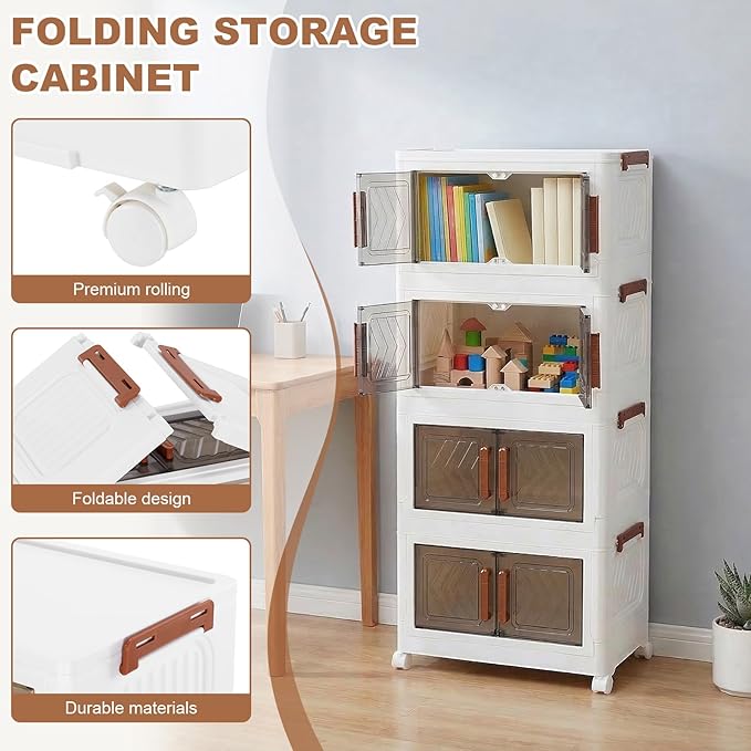 4 Tier Storage Bins with Lids, Stackable Storage Bins with Wheels and Door, Storage Cabinet Organizers for Home Foldable Containers (Transparent Door)