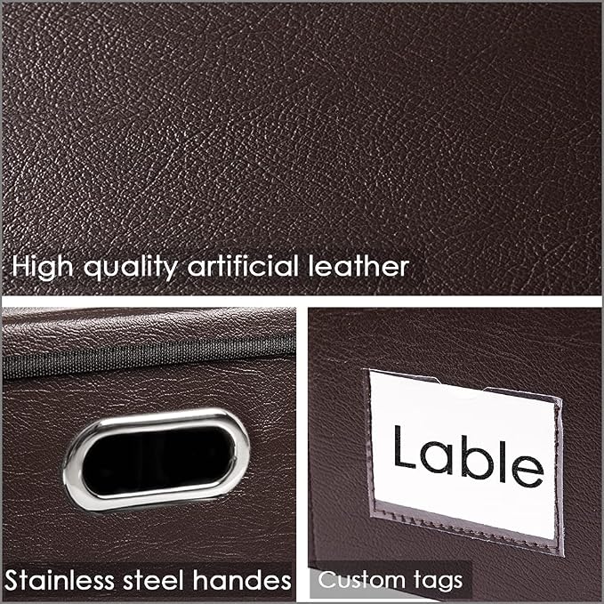 PRANDOM Foldable Storage Bins with Lids [5-Pack] Leather Fabric Collapsible Storage Boxes Organizer Containers Baskets Cube with Cover for Bedroom Closet Office Nursery Brown 14.9x10.8x10