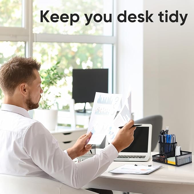 deli Mesh Desk Organizer Office Supplies Caddy with Pencil Holder and Storage Baskets for Desktop Accessories, 3 Compartments, Black