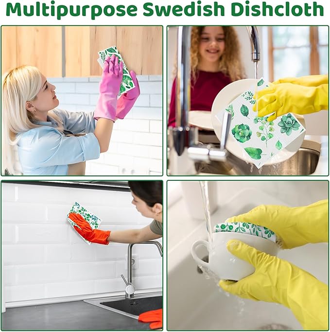 Needbrock 6 Pack Swedish Dishcloths for Kitchen, Swedish Rags Absorbent Green Leaf Dish Cloths with Adhesive Clips, Reusable Paper Towels No Odor for Countertop Dishes Cleaning
