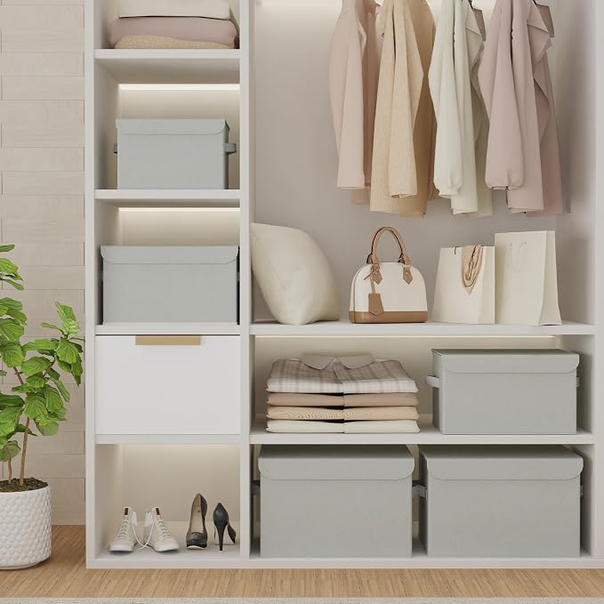 Foldable Storage Bins, Closet Boxes, 4 Pack, Grey, 13x9x7.9 In | Cube Organizer Basket with Flip-Top Lid and 2 Handles, Decorative Boxes for Shelves with Cover for Clothes, Towels, Blanket