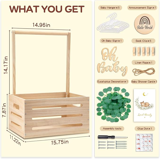Wooden Baby Shower Crate Closet - Personalized Baby Gift Baskets with Hangers, Large Newborn Boys Girls Clothes Storage Box for Newborn New Parent