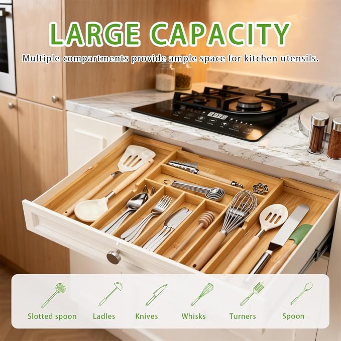 Bamboo Expandable Silverware Drawer Organizer, Adjustable Utensil Tray Cutlery Holder for Kitchen Drawer, Flatware Storage Organizer for Spoons, Forks and Knives, Natural (8 Slot,)