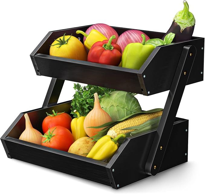 G.a HOMEFAVOR 2-Tier Fruit Basket for Kitchen Counter, Black, Self-assembly | Bamboo Fruit Bowl, Vegetable Storage for Fruit Shop and Home Organizer, 15 mm Thickness