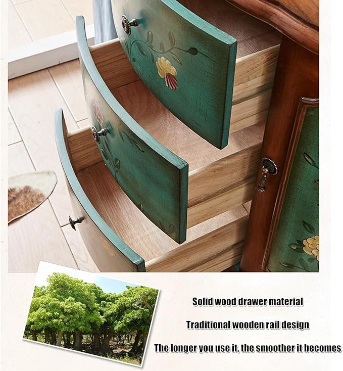 Solid Wood Storage Chest Dresser - Storage Cabinet with 3 Drawers 2 Side Doors,Retro Floral Pattern Drawers Jewelry Box Storage for Hallway/Living Room/Bedroom