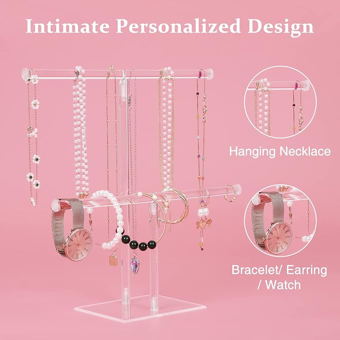 Jewelry Stand Necklace Holder, Acrylic Jewelry Display Holder, Necklace and Bracelet Hanging Organizer, Clear 2-Tier Tower Stand for Bangles, Necklaces, Bracelets, Rings, Earrings and Watch
