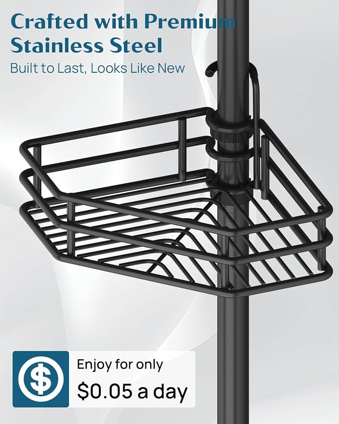SEIRIONE Corner Shower Caddy Tension Pole, Quick Setup, Rust-Free Bathroom Shower Organizer Corner for Bathtub Shampoo Storage, 4-Tier Adjustable Shelf, Drill Free, Fits 34 to 116 Inch Height, Black
