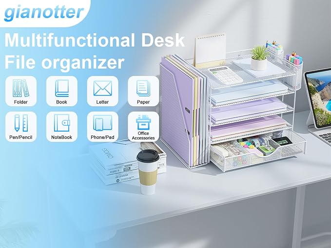 gianotter 5-Tier Desk Organizer with Drawers, File Holders, Letter Trays and Pen Holders - Workspace Accessories for Office Supplies (White)