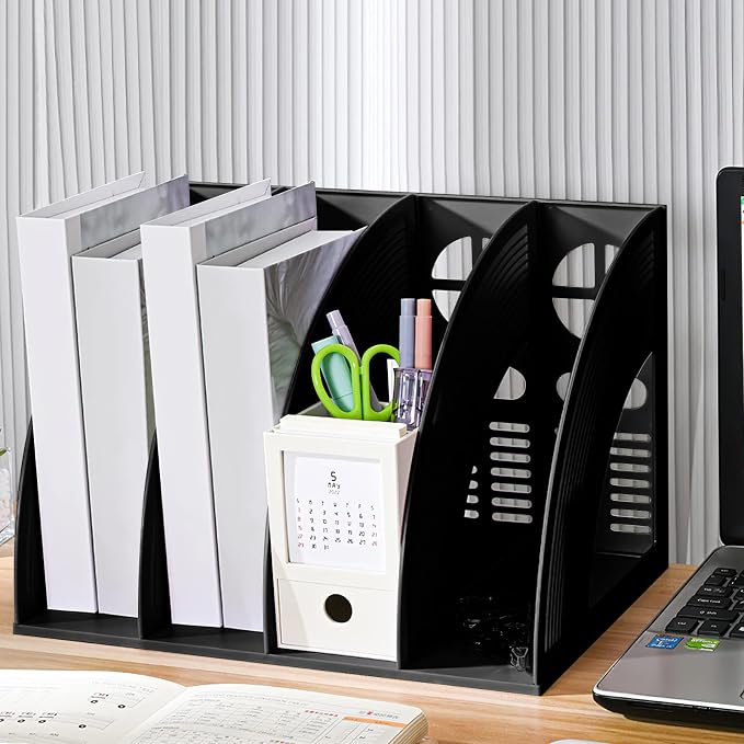 A4 File Holder Magazine Folder Desk Organizer 4 Compartment Standing Desktop Thicken Plastic Paper Notebook Magazine Bookstore Document Divider Storage Rack for Office School Supplier