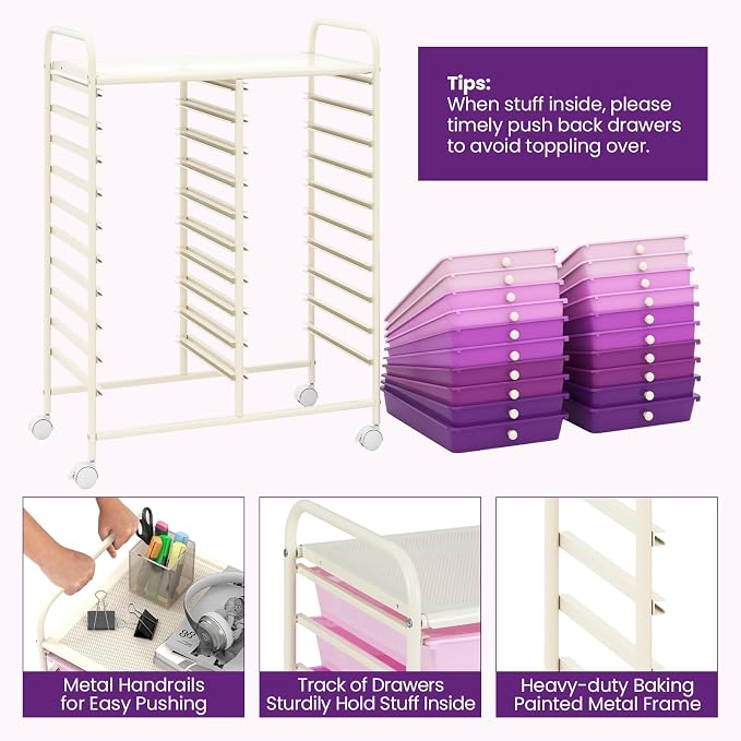 LDAILY 20-Drawer Rolling Storage Cart, Rolling Storage Cart, Storage Organizer on Wheels, Metal Frame, Scrapbook Paper Tools, Suitable for Office School, Classroom (Gradient Purple, 20 Drawer)
