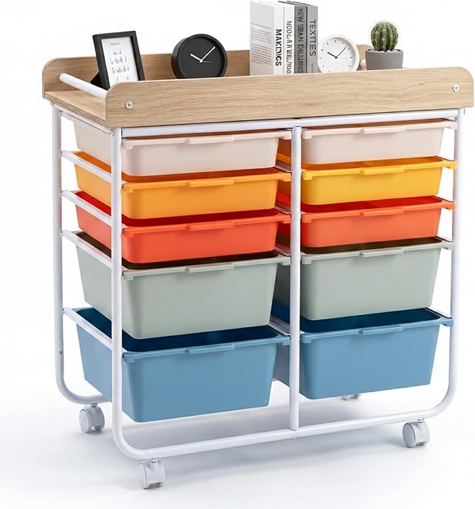 LDAILY Rolling Cart with Drawers, 10 Drawer Rolling Storage Cart with Wooden Tabletop, Metal Frame & Lockable Wheels, Craft Organizers and Storage for Home Office Classroom (Macaron, 10 Drawer)