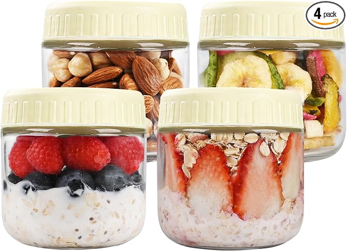 SHOWIN Overnight Oats Containers with Lids, 10oz Glass Jars with Lids 4 pcs, Milk White, Wide Mouth Mason jars for Salad, Yogurt, Snacks, Meal Prep