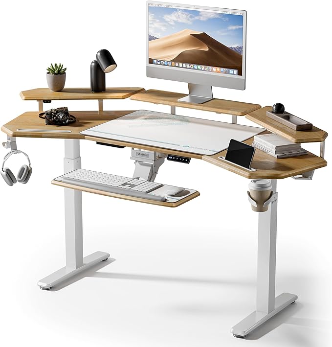 EUREKA ERGONOMIC Solid Wood Top Gaming Desk with Keyboard Tray, 72" Wing Shaped Music Studio Table with LED Shelves, Heavy Duty Gaming Recording Live Stream Desk, Cable Slot Design