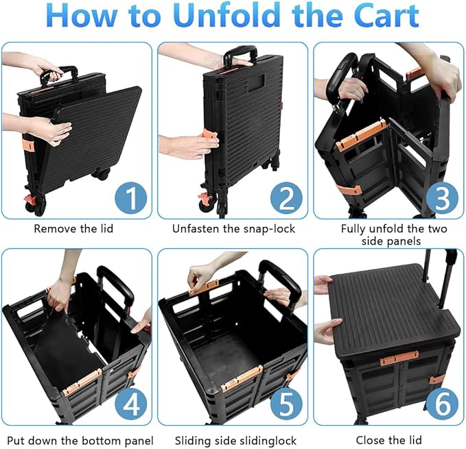 Utility Cart Folding Portable Rolling Crate Handcart with Lid Durable Heavy Duty Plastic Telescoping Handle Collapsible 360 Degree Rotate Wheels for Travel Shopping Moving Luggage Office Use,Black