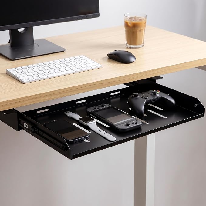Under Desk Laptop Drawer with Air Vents, 16.3" x 12" Metal Laptop Drawer | Pull Out Under-Desktop Storage for Laptop & Accessories