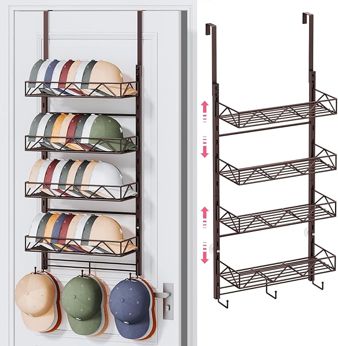 SWTYMIKI Over Door Hat Organizer - 5 Tier Wall Mounted Hat Rack with 4 Adjustable Metal Basket and 3 Hooks, Hanging Baseball Cap Organizer Storage Holds up to 49 Caps for Door, Bedroom, Closet