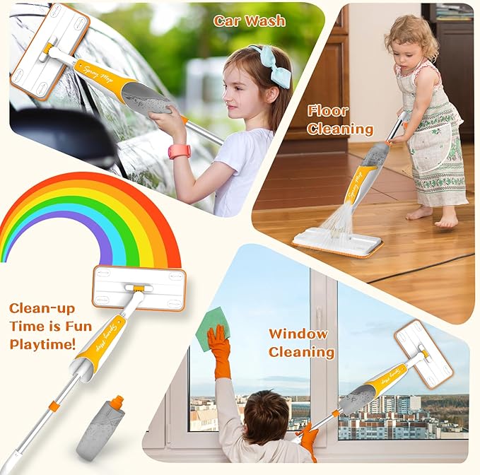 Kids Spray Mop Toy with 420ML Refillable Water Bottle, Montessori Toddler Cleaning Set for Real Floor Cleaning, Pretend Play Toy Housekeeping Kit with 2 Washable Microfiber Pads and Scraper, Orange