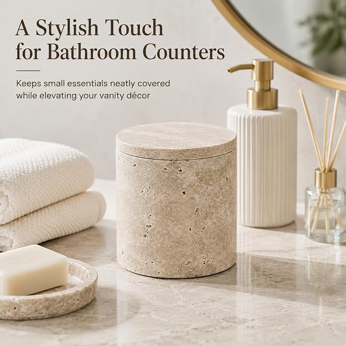 Natural Travertine Round Canister with Lid | Natural travertine canister for Q Tip, cotton rounds, balls, floss picks and short dry vanity items.