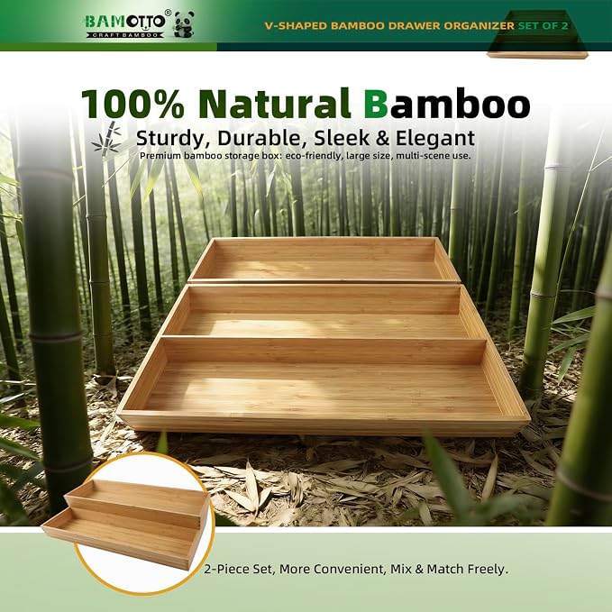 BAMOTTO CRAFTBAMBOO V-Shaped 2-Pack 19.6" Long Bamboo Drawer Organizer Box - Easy Reach Kitchen Utensil Flatware Silverware Cooking Tools Storage for Home Bedroom Bathroom (19.6"x12.4"/19.6"x7.8")