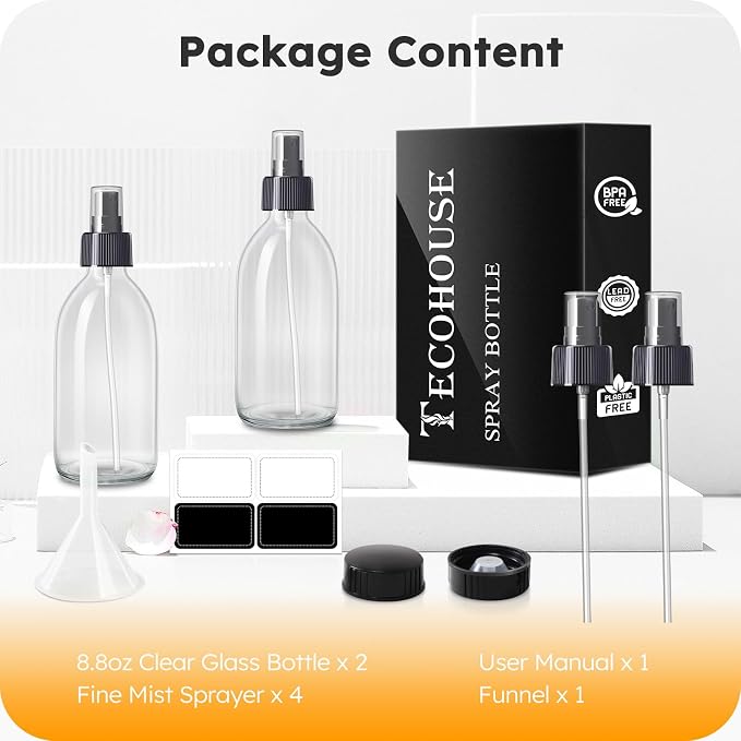 Tecohouse 2 Pack 8.8 OZ Glass Spray Bottles | 250ml Small Spray Bottles for Cleaning Solutions for Essential Oils, Plants, with Durable Nozzle, Labels, Funnel - Clear