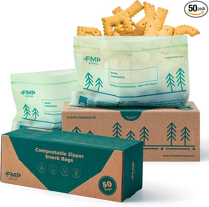 Fit Meal Prep 50 Pack 100% Compostable Snack Bags, 6.5 x 4.1" Resealable Food Storage Bags Snack Size, Plant-Based Freezer Bags for Food, ASTM D6400, US BPI & EU OK Compost Certified
