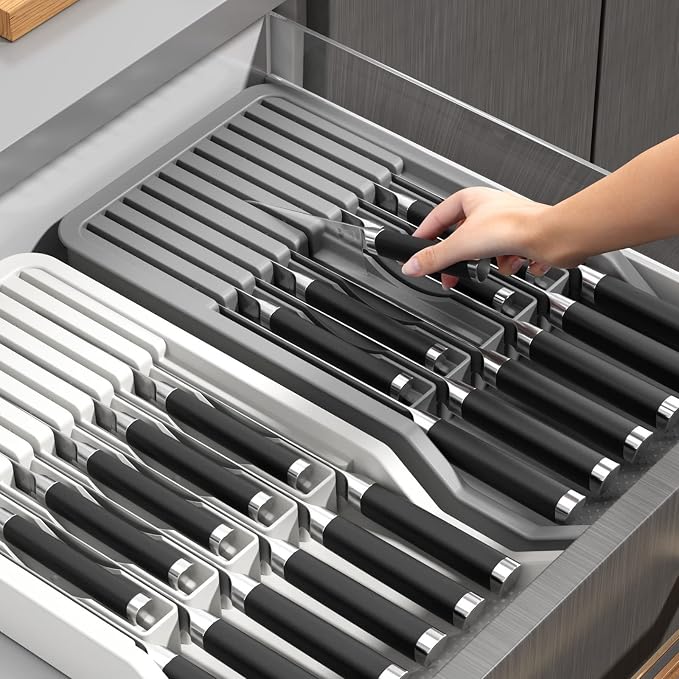 Drawer Knife Organizer Insert with Expandable Tray Fit 11 Knives | Adjustable Plastic Knife Storage Tray Hold Kitchen Tool, BPA-Free, Ventilated, Space-Saving, Easy to Clean