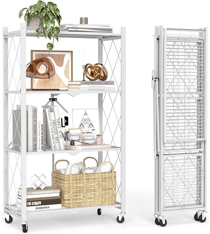 4 Tier Foldable Storage Shelves with Wheels -No Assembly Metal Folding Shelves Collapsible Shelving Unit Display Heavy Duty Rolling Shelf for Home Kitchen Office Room (White, 50" x 13" x 27")