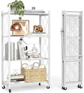 4 Tier Foldable Storage Shelves with Wheels -No Assembly Metal Folding Shelves Collapsible Shelving Unit Display Heavy Duty Rolling Shelf for Home Kitchen Office Room (White, 50" x 13" x 27")