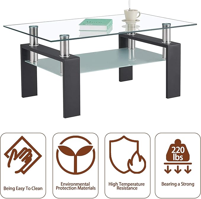 Meihua Rectangle Glass Coffee Table 2-Tier Tea Table Modern Center Coffee Table for Living Room