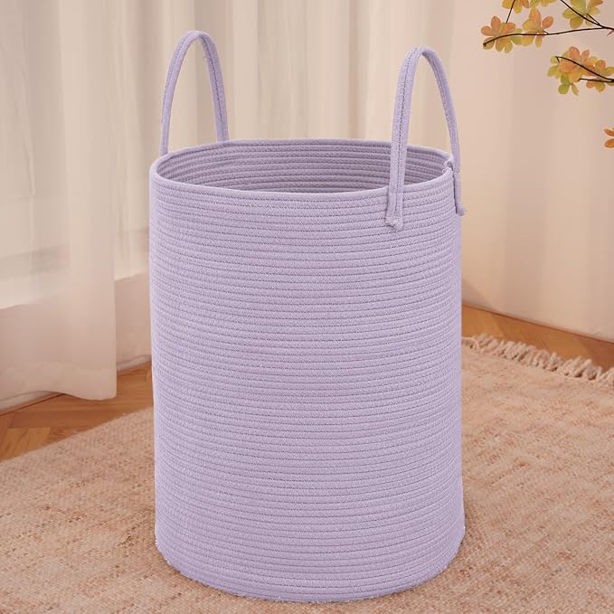 JMvicyroam Large Woven Laundry Basket Hamper,60L Cotton Rope Storage Bin for Blankets,Toys and Clothes,Decorative Tall Nursery Hamper for Living Room,Baby Nursery,Bathroom and Bedroom,Purple