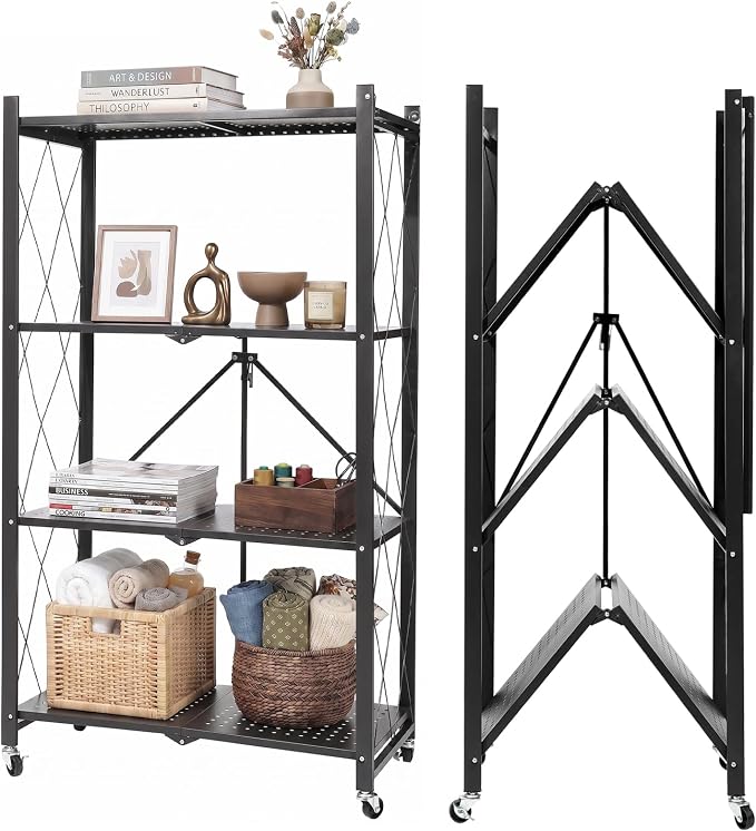 4-Tier Foldable Storage Shelf with Wheels – Heavy Duty 550 LBS Capacity, Collapsible Metal Steel Rolling Rack for Garage, Kitchen, Pantry, Office – Black