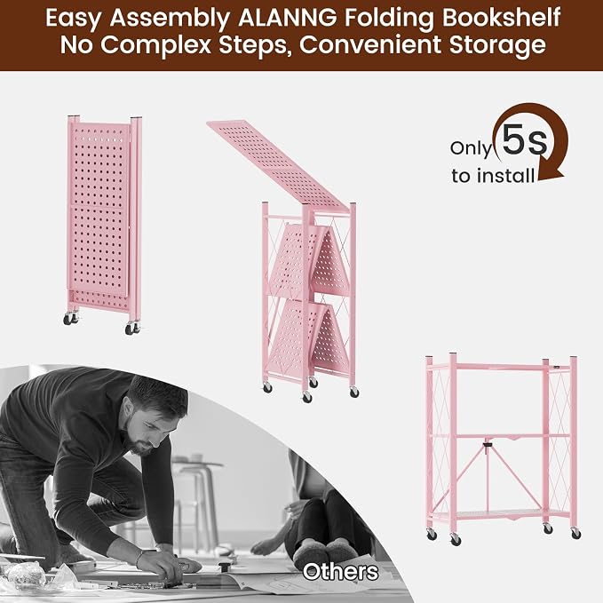 ALANNG 3 Tier Folding Storage Shelf on Wheels,Heavy Duty Metal Rolling Cart | Compact & Portable, No Tools Assembly, Folds to 3.9" Flat, Reinforced Iron Frame, Lockable Casters, for Any Room