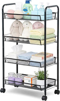 LOFTEY 4 Tier Rolling Cart, Small Metal Utility Cart with Wheels, Black | 10.2" Slim Width, Four Mesh Baskets, 15 lb Load Capacity per Basket, Tool-Free Assembly, Ideal for Bathroom & Snack Storage