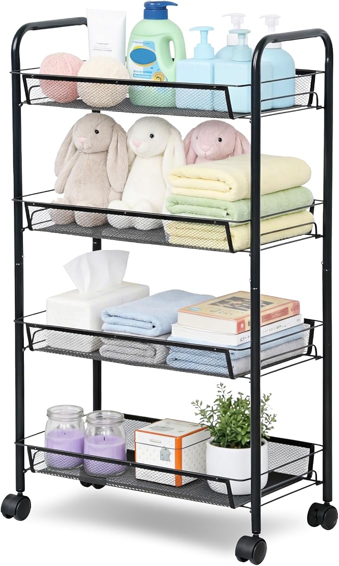 LOFTEY 4 Tier Rolling Cart, Small Metal Utility Cart with Wheels, Black | 10.2" Slim Width, Four Mesh Baskets, 15 lb Load Capacity per Basket, Tool-Free Assembly, Ideal for Bathroom & Snack Storage