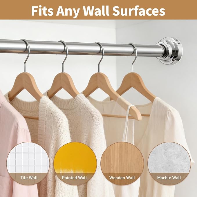No Drilling Adjustable Closet Rod, 26-80 Inches Heavy Duty Tension Rod for Hanging Clothes for Closet, Laundry Room & RV, Silver