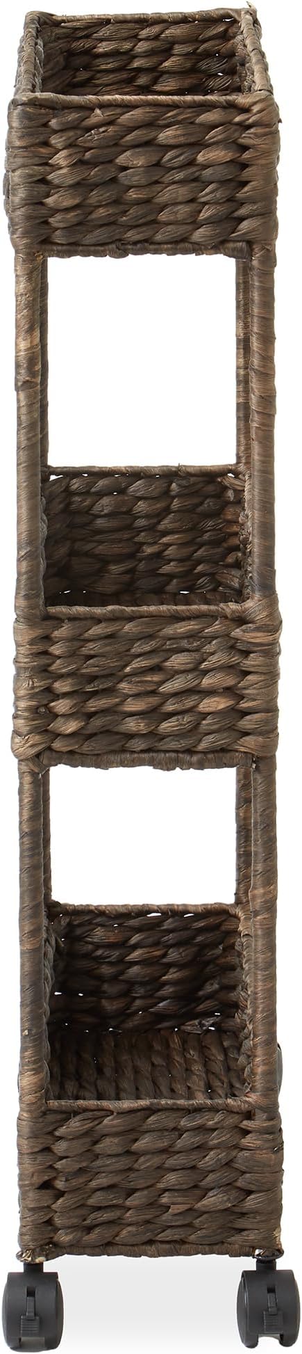 Casafield 3-Tier Slim Rolling Storage Cart - Espresso Dark Brown, Water Hyacinth Utility Cart for Bathroom, Craft Room, Nursery, Laundry Room Organization