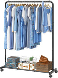 Simple Trending Clothing Rack for Hanging clothes, Portable Garment Rack with Bottom Shelf, Metal Clothes Rack on Wheels for Bedroom, Laundry Room, Black