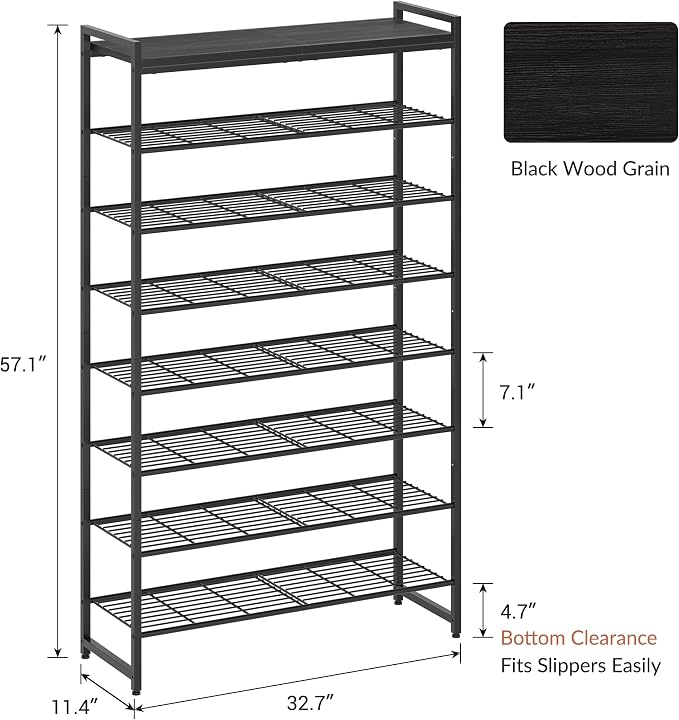 8 Tier Shoe Rack Organizer for 32-40 Pairs, Tall Metal Shoe Storage Shelf with Wood Top, Adjustable Boot Space, Narrow Design for Entryway Closet, Black