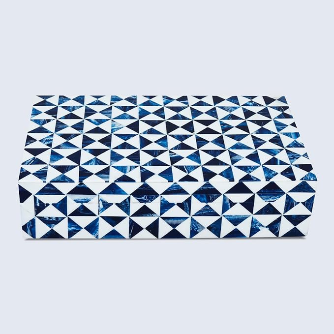 Handicrafts Home Blue and White Decorative Storage Box with Lid– Rectangular Coffee Table Storage Box, Handmade Resin Inlay Wooden Box, Remote Holder, Desk Organizer, Decorative Keepsake Box-10x6x2.5"