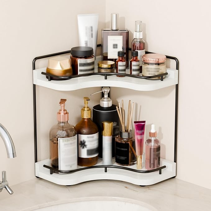 2-Tier Corner Bathroom Counter Organizer for Storage, White | Larger Size, Solid Wood, Embedded Screw Holes, sink and Vanity Countertop Organizer for Perfume, Skincare & Makeup Storage