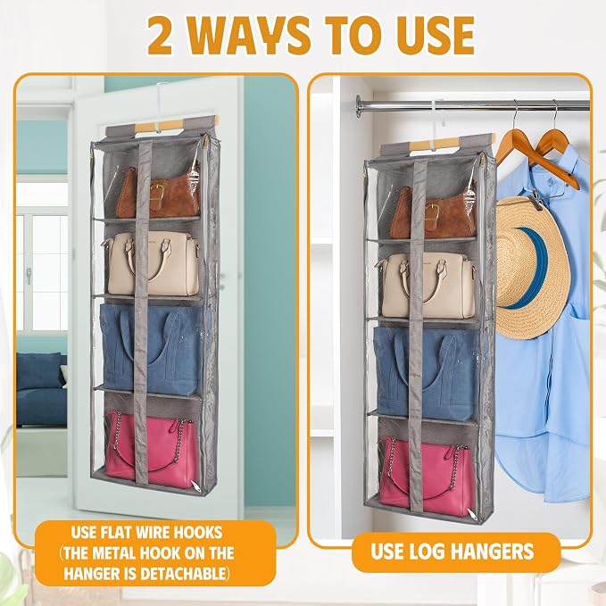 Silkfly 2 Pack Hanging Purse Organizer with Zipper for Closet Handbag Storage PVC Mesh Shelves with 4 Pockets for Bedroom Door Wardrobe Shelf Rack Space Saving(Brown)