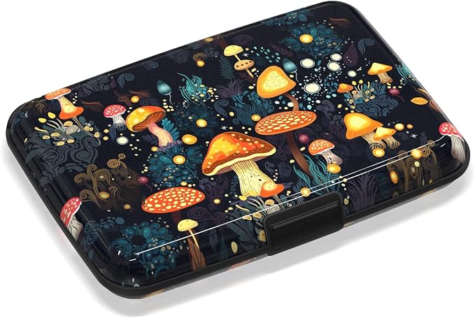 Mini Metal Wallet Credit Card Holder Business Card Case Slim Metal ID Case for Men Women, Cute Mushrooms