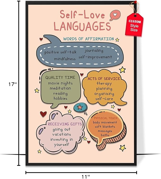 LOLUIS Mental Health Poster, Boho Therapy Tools Educational Supplies Art Print Classroom School Office Decor (Self Love Languages, Custom Frame Type)