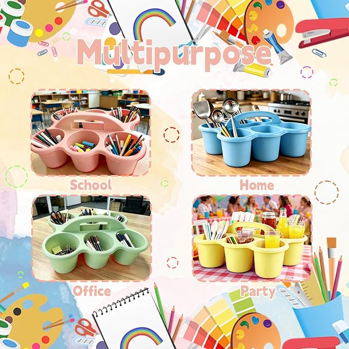 6 Pack Classroom Caddy Organizer with Handle Pastel Plastic Table Caddy 6 Compartments Storage Cup Holder for School Supplies Art Crafts Crayons Pencils Stackable Desk Caddy for Office Home