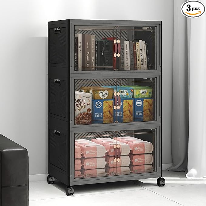 UAMFURI Stackable Storage Bins with Lids, 144QT Closet Organizers, Lockable Storage Cabinet, Foldable Storage Box with Doors and Wheels, Plastic Drawers for Home, Garage, Office (3, Black, Medium)