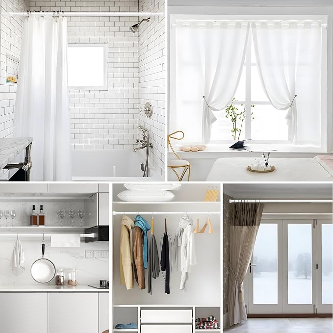 MEXAU Shower Curtain Rod 45-77 Inch White Shower Rod 7/8" Tension Curtain Rod Adjustable Curtain Rods No Drilling Shower Tension Rod Shower Curtain Tension Rod for Bathroom Windows Doorways